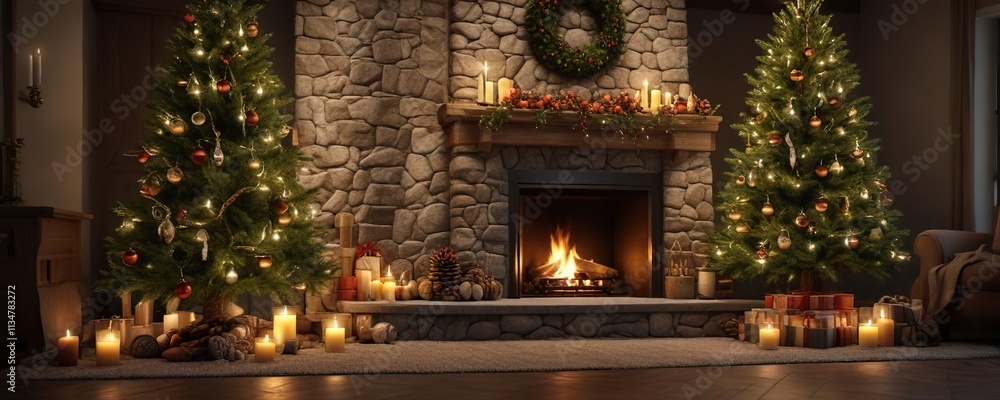 Fototapeta premium Ornamented Christmas tree placed in front of the stone fireplace with candles and pinecones, pinecones, winter festive