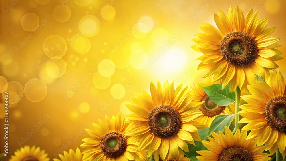 Fototapeta premium A vibrant cluster of sunflowers in full bloom against a backdrop of warm yellow bokeh lights, evoking a feeling of summer sunshine and joy.
