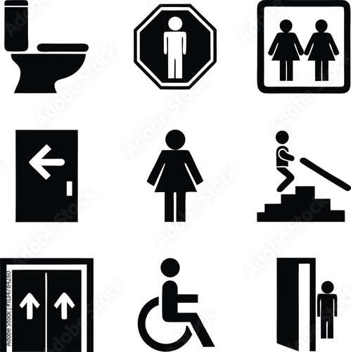 Restroom, Accessibility, and Directional Icons Public Building Signage Set