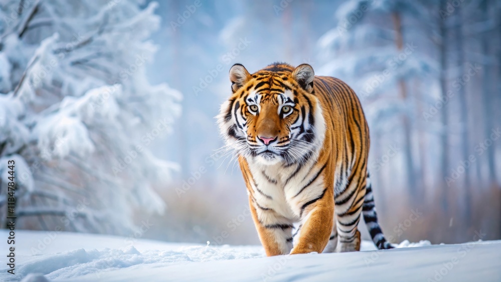 Obraz premium Majestic Siberian tiger stalking prey in winter wonderland, Siberian tiger, predator, powerful, majestic, winter, wonderland