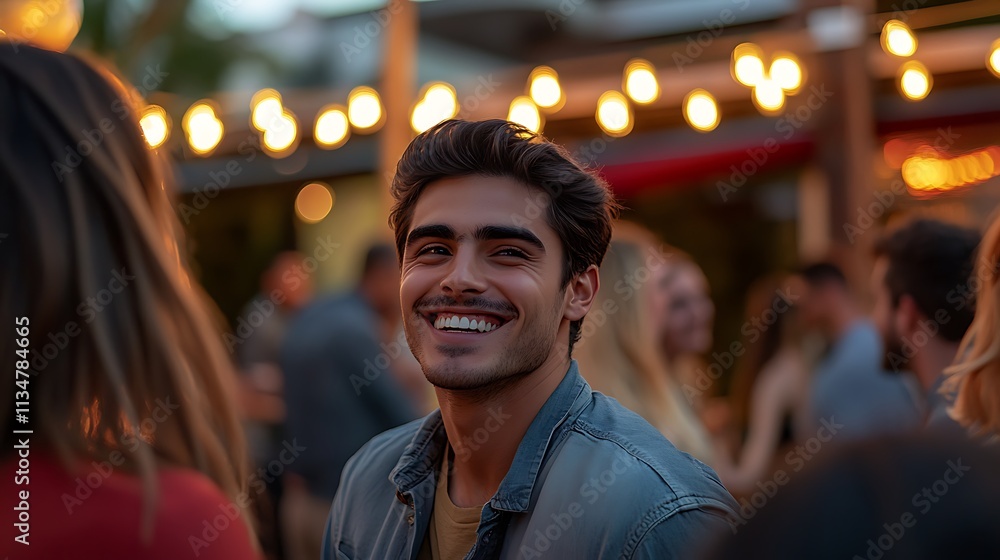 Happy Man Smiling at Outdoor Night Gathering Happy Man Smiling at Outdoor Night Gathering