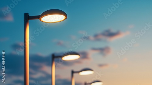 Street lamps illuminate a serene evening sky, casting a warm glow amidst soft clouds. photo