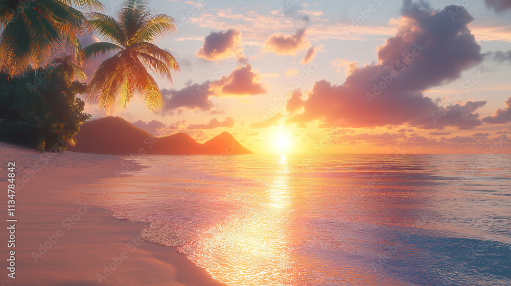 Peaceful sunset on the Caribbean Sea beach, offering a tranquil and scenic view Peaceful sunset on the Caribbean Sea beach, offering a tranquil and scenic view