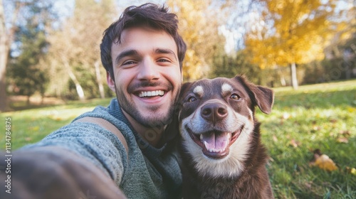 Young happy man taking selfie with his dog in a park - Smiling guy and puppy having fun together outdoor - Friendship and love between humans and animals concept