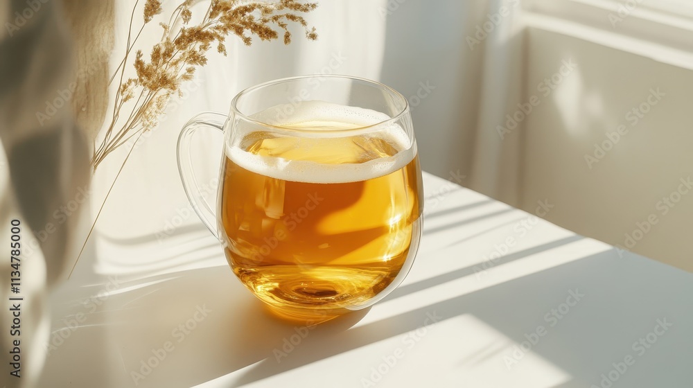 Refreshing Glass of Beer in a Sunlit Setting with Fluffy Foam and Natural Light Creating a Cozy and Inviting Atmosphere for Relaxation Refreshing Glass of Beer in a Sunlit Setting with Fluffy Foam and Natural Light Creating a Cozy and Inviting Atmosphere for Relaxation
