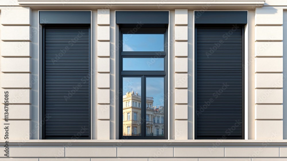 Modern window with black shutters reflecting a building in a clean architectural setting. Modern window with black shutters reflecting a building in a clean architectural setting.