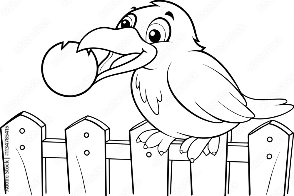 Fototapeta premium Cute Cartoon Bird Eating Red Fruit on Fence Coloring Page