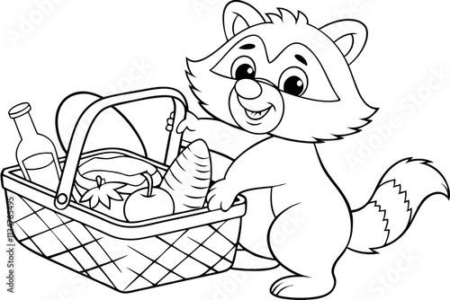 Adorable Cartoon Raccoon Picnic Basket Food Line Art Drawing