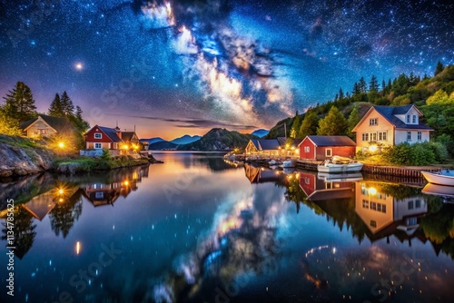 Captivating Night Photography of Heroysund, Norway with Starry Skies and Reflections on Calm Waters, Showcasing the Beauty of Northern Landscapes and Scenic Views photo