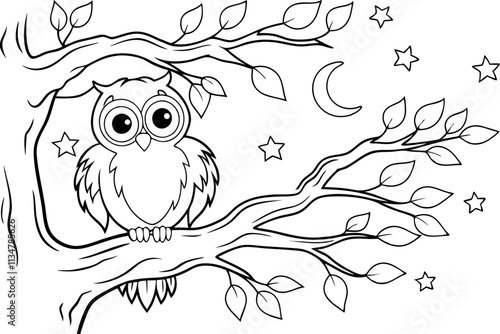 Nocturnal Owl Perched on Branch, Night Sky, Stars, Moon, Leaves