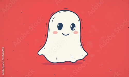 imagine: A cute white ghost illustrated in retro style, with minimal detail and soft pastel colors on a red background. The simplicity of the design adds to the warm, whimsical appeal.