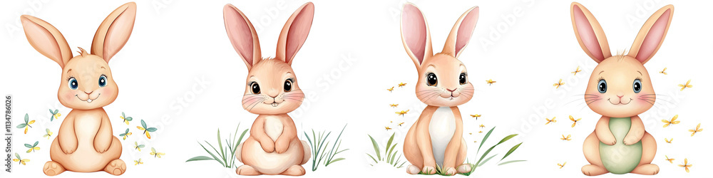 Obraz premium Baby bunny fluffy and warmth, Four cute, cartoon rabbits in various poses, showcasing playful expressions and adorable features.