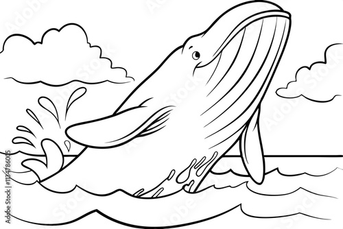Happy Humpback Whale Ocean Breaching Coloring Page Illustration