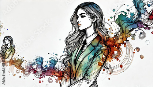  Woman with flowing hair and abstract elements