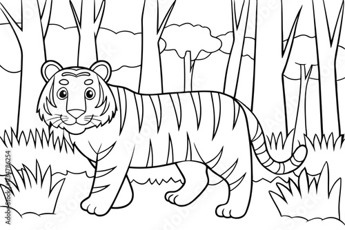 Adorable Cartoon Tiger in a Lush Forest Coloring Page