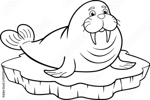Adorable Cartoon Walrus on Ice Floe Coloring Page Illustration