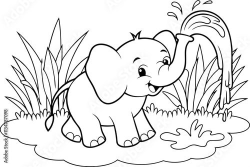 Cute Baby Elephant Playing with Water, Coloring Page, Nature