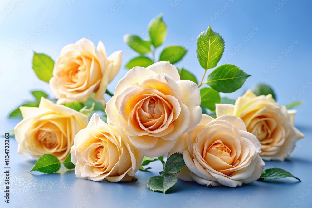 Beautiful Arrangement of Soft Peach Roses with Green Leaves on a Light Blue Background Beautiful Arrangement of Soft Peach Roses with Green Leaves on a Light Blue Background