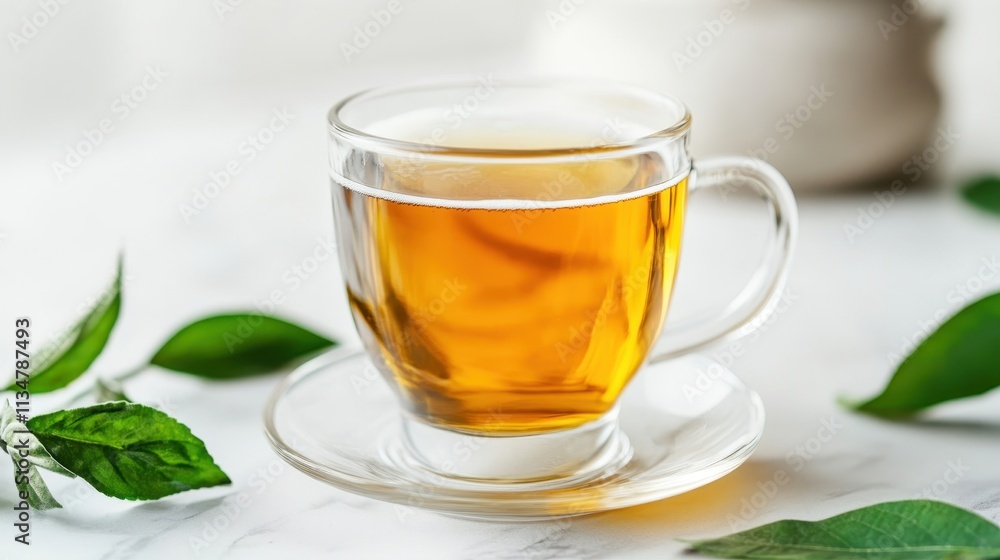 Freshly Brewed Herbal Tea in a Transparent Glass Cup with Green Leaves on a Light Marble Surface, Perfect for Relaxation and Wellness Moments Freshly Brewed Herbal Tea in a Transparent Glass Cup with Green Leaves on a Light Marble Surface, Perfect for Relaxation and Wellness Moments
