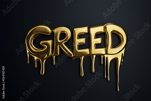 Bold golden text resembling the word greed with a dripping effect against a dark background photo