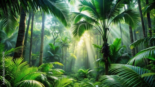 Golden light beams through the dense foliage of a tropical rainforest, creating a mystical atmosphere