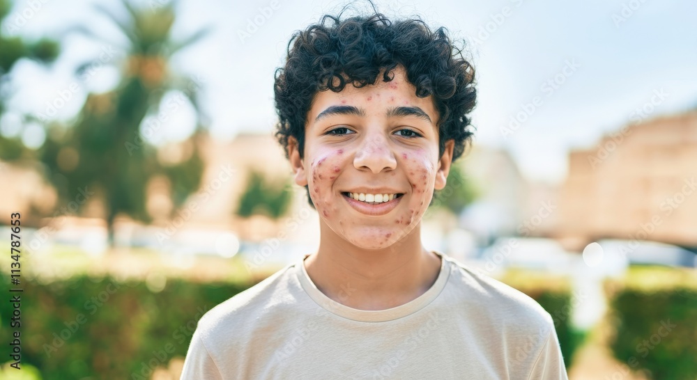 Confident middle eastern teenage boy with curly hair smiling outdoors Confident middle eastern teenage boy with curly hair smiling outdoors