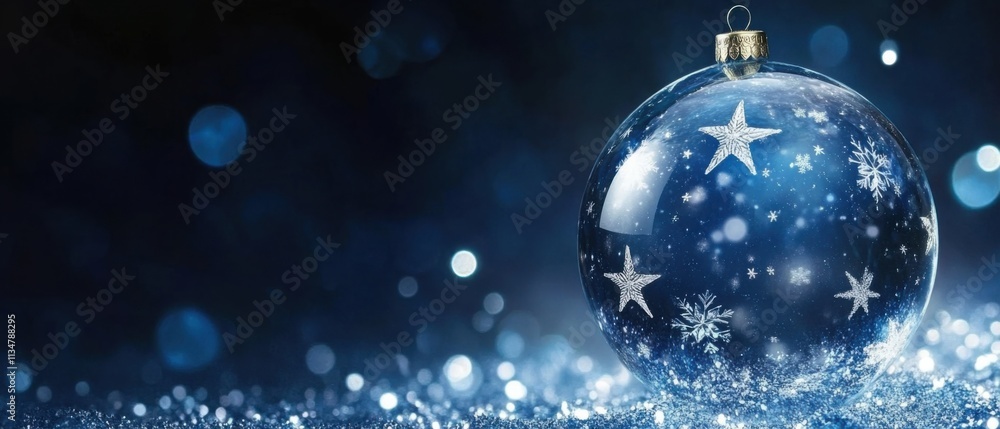 Sparkling Blue Christmas Ornament with Stars and Snowflakes on Glittering Background Sparkling Blue Christmas Ornament with Stars and Snowflakes on Glittering Background