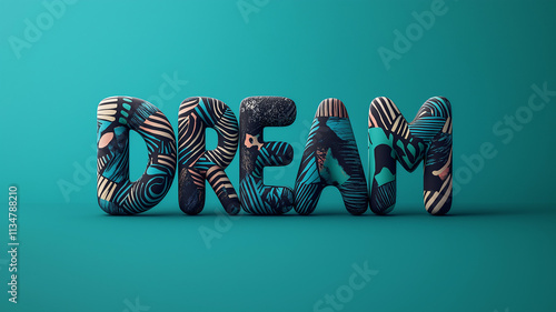 Creative and artistic representation of the word dream with colorful patterns on a teal background