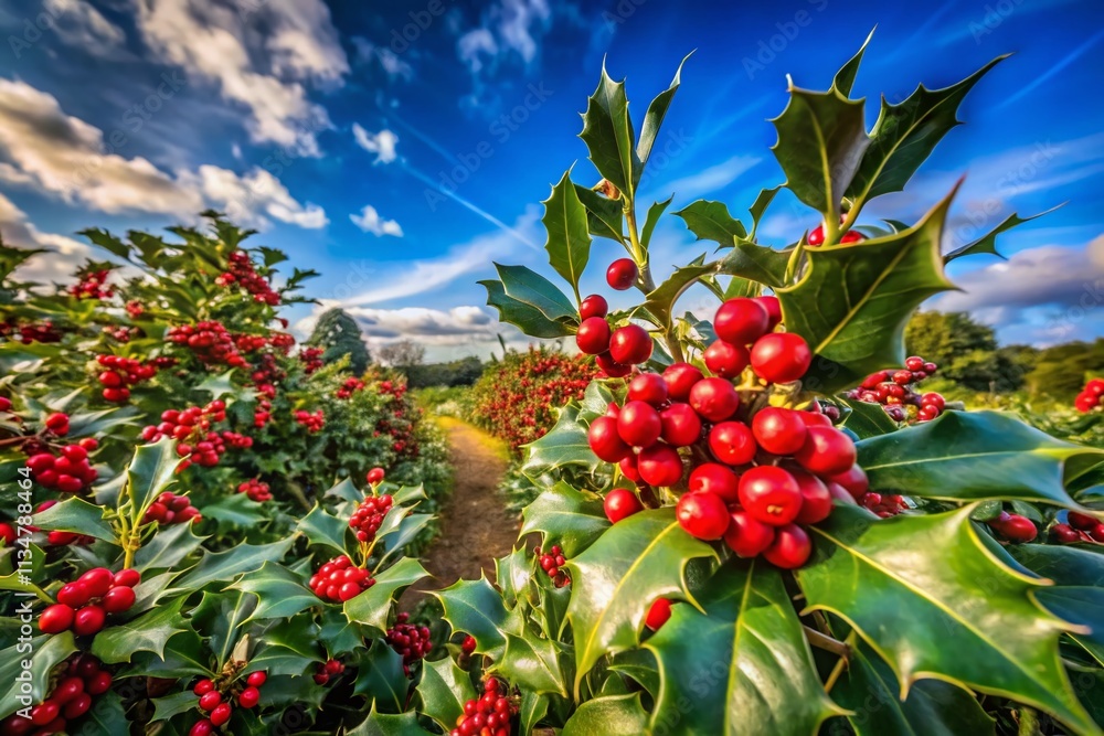Captivating Panoramic View of Holly Bushes in Bloom Against a Lush Green Landscape Under a Bright Blue Sky, Perfect for Nature and Gardening Themes Captivating Panoramic View of Holly Bushes in Bloom Against a Lush Green Landscape Under a Bright Blue Sky, Perfect for Nature and Gardening Themes