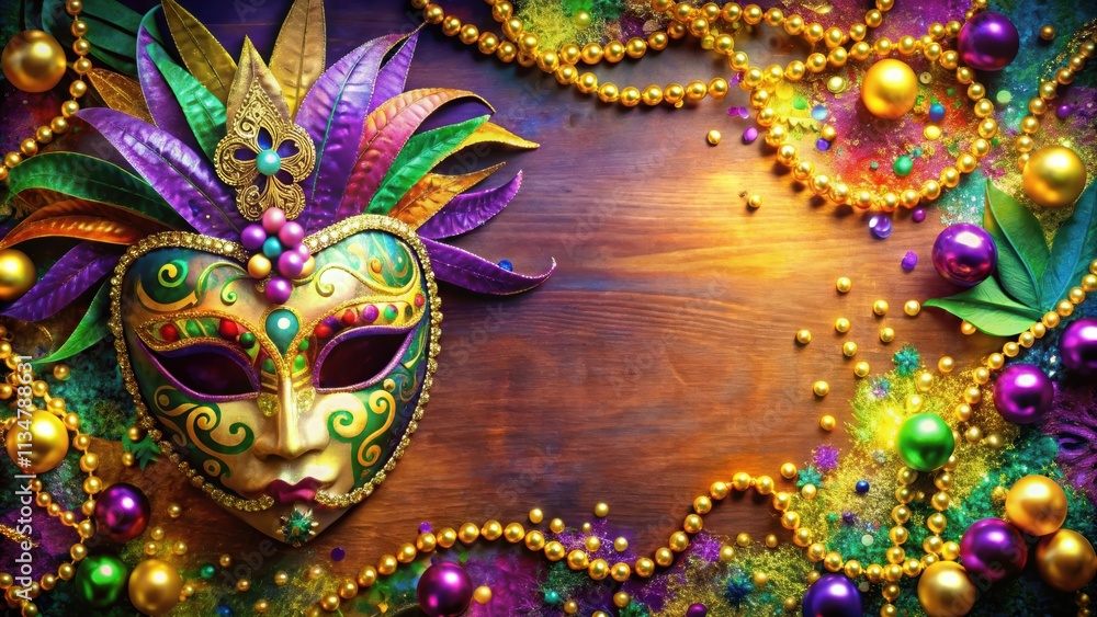 Colorful Mardi Gras poster with Venetian mask and festive decorations, Mardi Gras, poster, Venetian mask, festive Colorful Mardi Gras poster with Venetian mask and festive decorations, Mardi Gras, poster, Venetian mask, festive