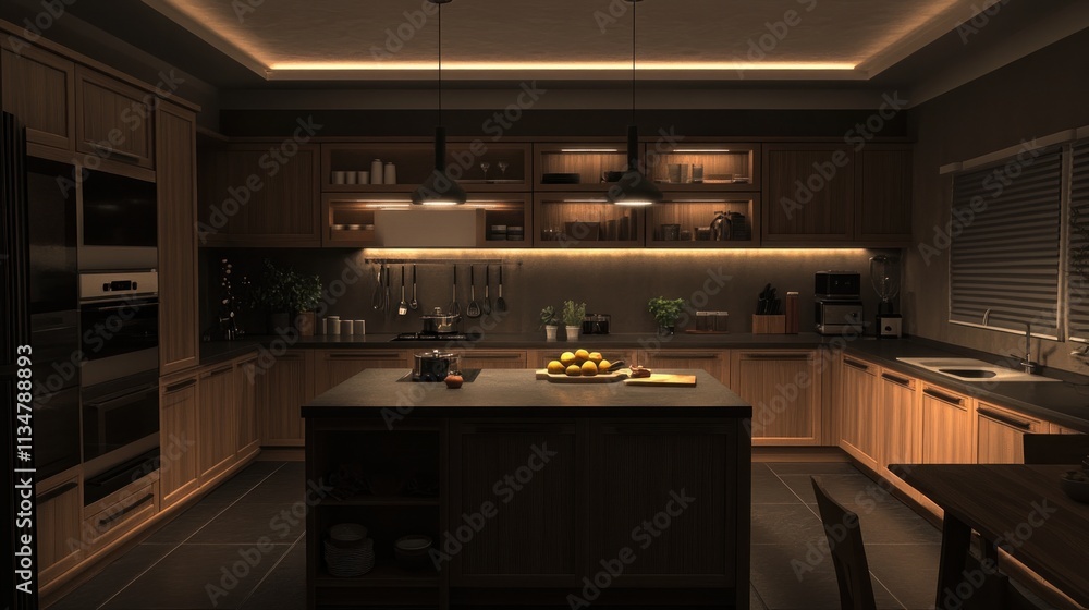 Modern kitchen at night, warm lighting, island. Modern kitchen at night, warm lighting, island.
