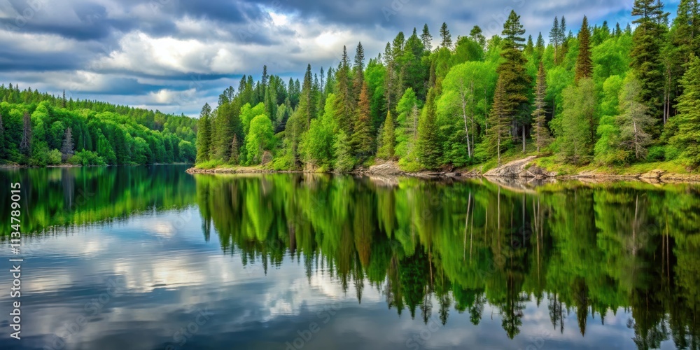 Lush green forest reflecting in calm waters of the Boundary Waters Canoe Area Wilderness (BWCAW) , wilderness, nature Lush green forest reflecting in calm waters of the Boundary Waters Canoe Area Wilderness (BWCAW) , wilderness, nature