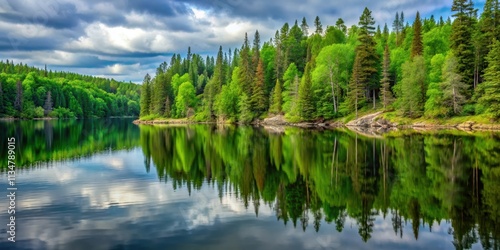 Lush green forest reflecting in calm waters of the Boundary Waters Canoe Area Wilderness (BWCAW) , wilderness, nature