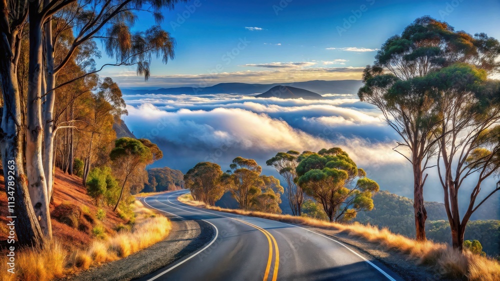 A winding asphalt road climbs through a forest towards a mountain peak, bathed in golden sunlight and surrounded by a sea of fluffy clouds, a breathtaking panorama of nature's beauty A winding asphalt road climbs through a forest towards a mountain peak, bathed in golden sunlight and surrounded by a sea of fluffy clouds, a breathtaking panorama of nature's beauty