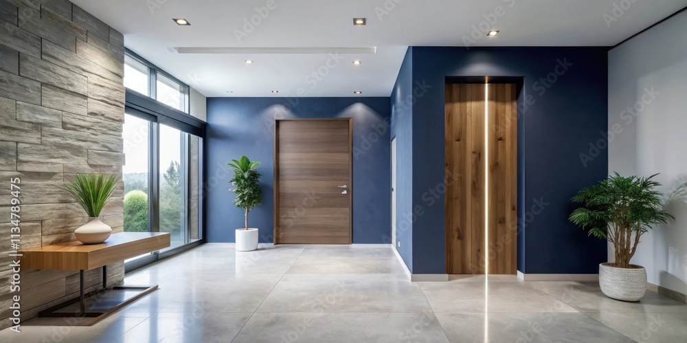 Modern minimalist hallway with a large window, two wooden doors, and potted plants on a tiled floor Modern minimalist hallway with a large window, two wooden doors, and potted plants on a tiled floor