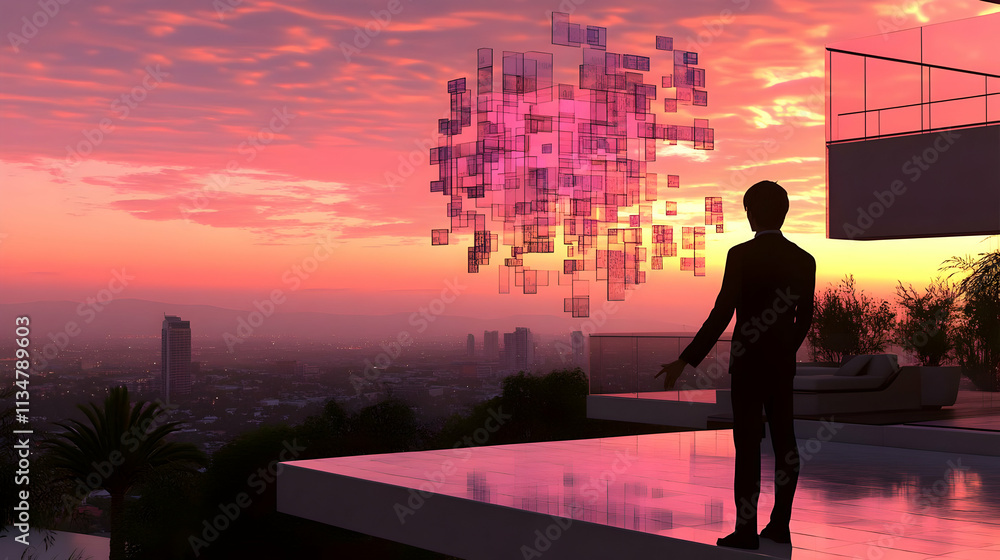Fototapeta premium Man overlooking city at sunset, interacting with digital data.