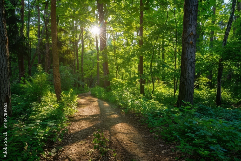 Obraz premium A tranquil pathway winds through a vibrant forest, with sunlight streaming through the tall trees, creating a peaceful atmosphere in the morning.