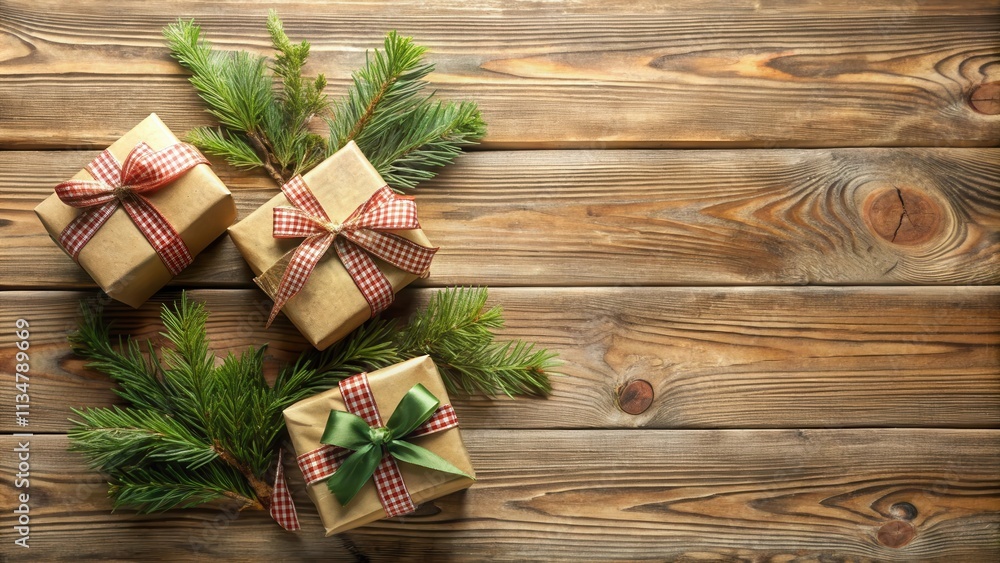 Obraz premium Rustic Christmas Decor with Gifts Wrapped in Brown Paper and Decorated with Red and Green Checkered Ribbon on a Weathered Wooden Background
