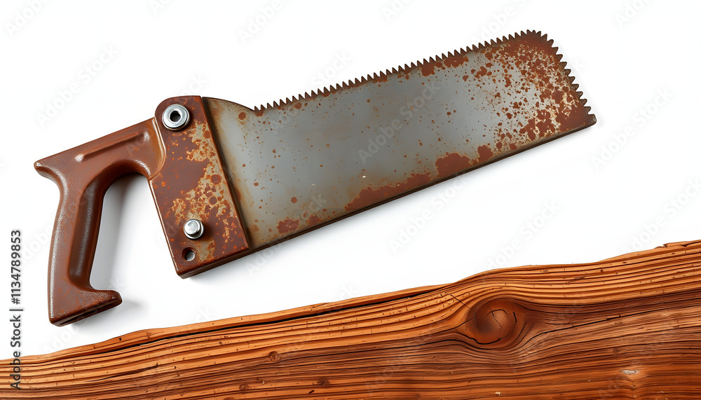 Rusty Hand Saw and Wood Plank on White Background Rusty Hand Saw and Wood Plank on White Background