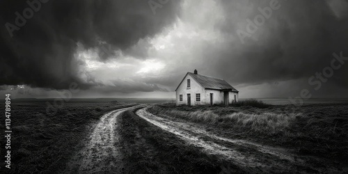 A dramatic and moody landscape featuring a stormy sky. photo