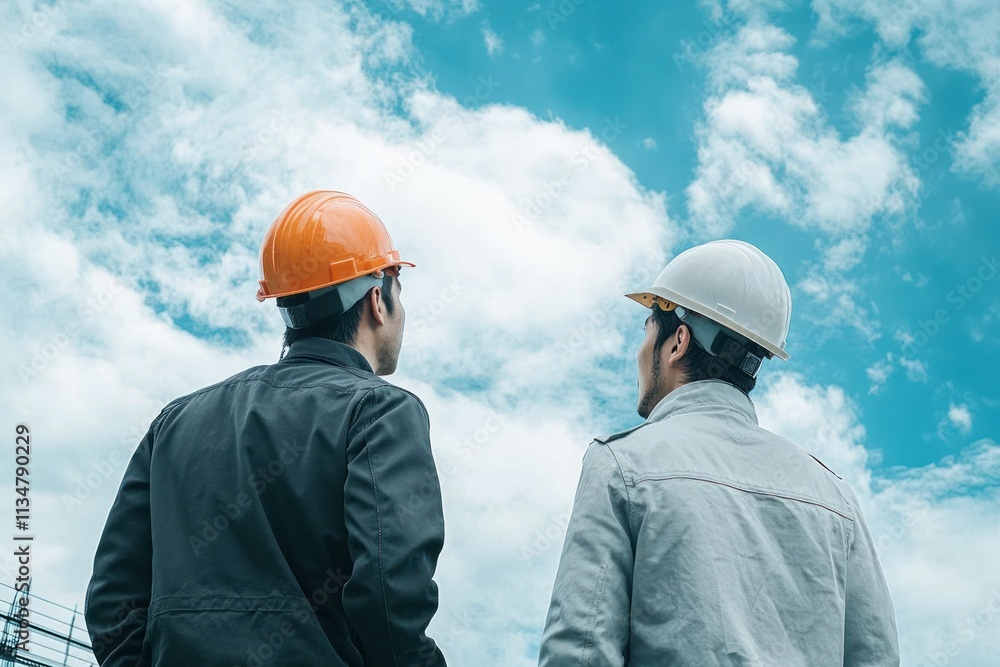 Construction Workers Engineers in Hard Hats Planning Architecture Under Bright Blue Sky Construction Workers Engineers in Hard Hats Planning Architecture Under Bright Blue Sky