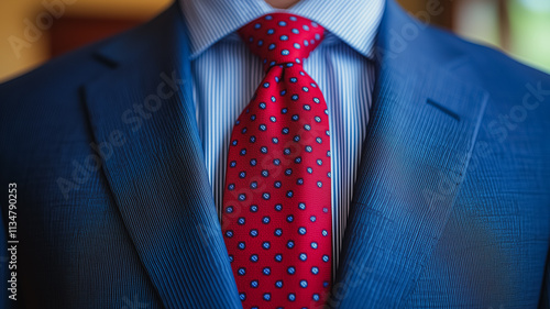 A man wearing a blue suit and a red tie with white dots