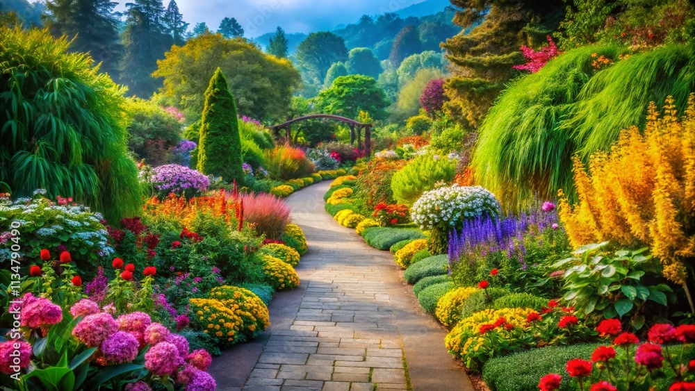 Obraz premium Captivating Portrait of a Vibrant Botanical Garden with Lush Greenery and Colorful Flowers, Evoking the Beauty of Nature in a Stunning Oil Painting Style