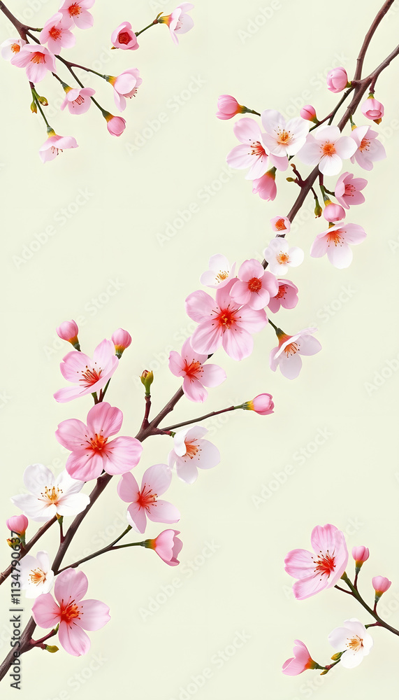 Cherry Blossoms on Cream Background, Spring Floral Design Cherry Blossoms on Cream Background, Spring Floral Design