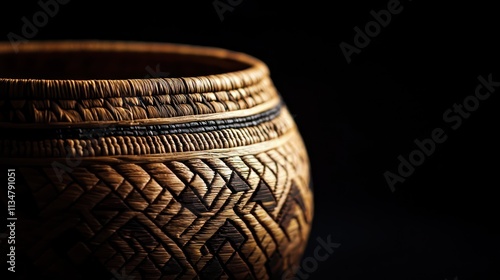 Macro shot of a woven basket with tribal patterns, illuminated by studio lighting. The focus is on the fine details of the weave against a stark black background, ideal for professional product 
