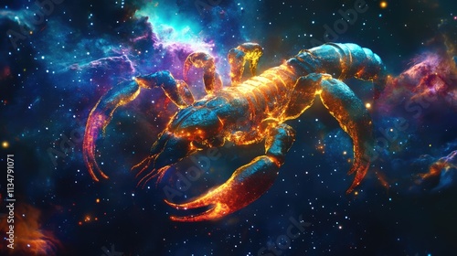 Zodiac sign of Scorpio, fantasy scorpion with magic light in space,