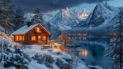 A charming wooden cabin on the edge of a snow-blanketed woodland, nestled against a backdrop of dramatic, icy mountain peaks, under the glowing northern lights photo