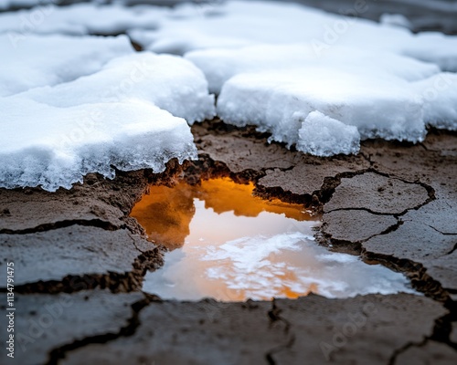 A striking contrast of melting snow, cracked earth, and a reflective pool, evoking themes of change and nature's duality. photo