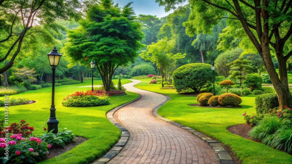 Lush park entrance with winding footpath leading through vibrant greenery, park, entrance, footpath, outdoors, nature Lush park entrance with winding footpath leading through vibrant greenery, park, entrance, footpath, outdoors, nature