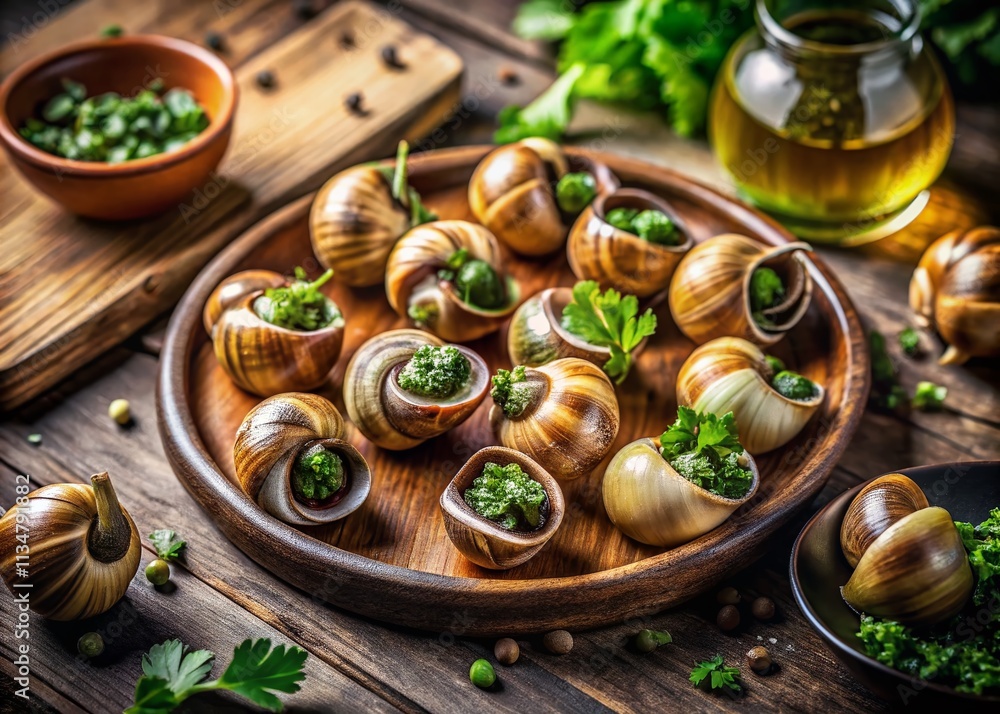 Captivating Portrait Photography of Escargot Allong on a Rustic Wooden Table Surrounded by Fresh Herbs and Gourmet Ingredients, Perfect for Culinary and Food Enthusiasts Captivating Portrait Photography of Escargot Allong on a Rustic Wooden Table Surrounded by Fresh Herbs and Gourmet Ingredients, Perfect for Culinary and Food Enthusiasts